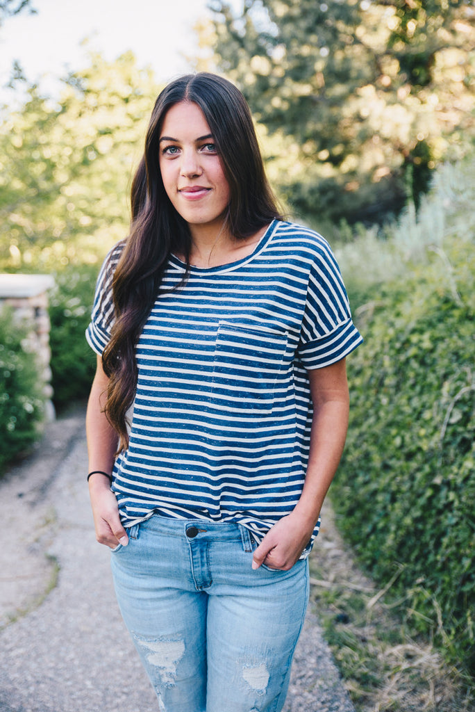 Basic Striped Pocket Tee - Navy
