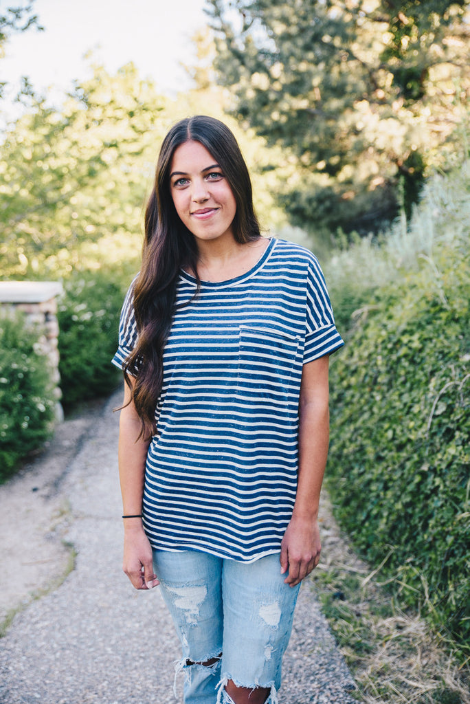 Basic Striped Pocket Tee - Navy