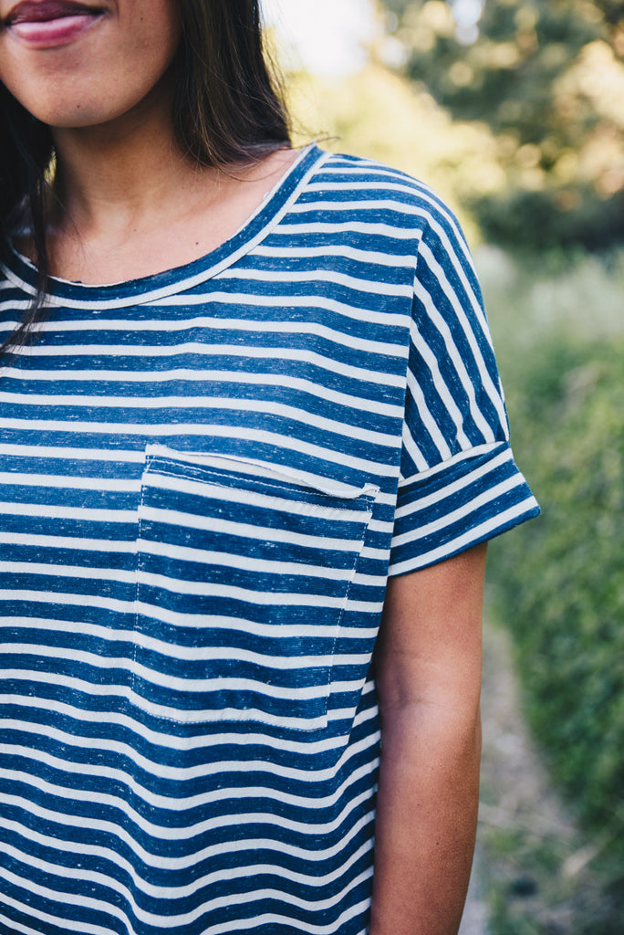 Basic Striped Pocket Tee - Navy