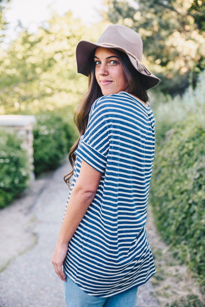 Basic Striped Pocket Tee - Navy