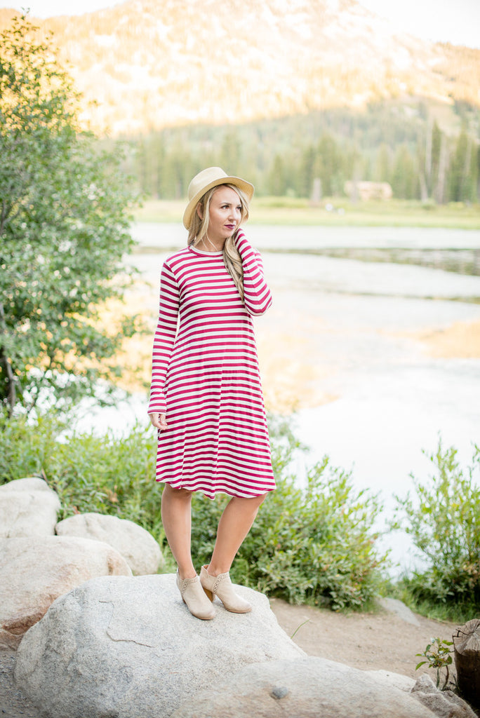 Stripe T-shirt Dress - Burgundy