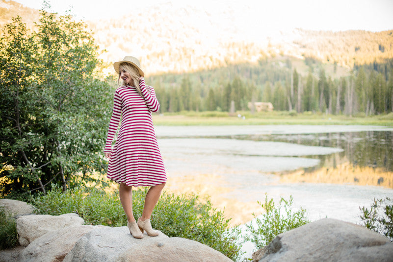 Stripe T-shirt Dress - Burgundy