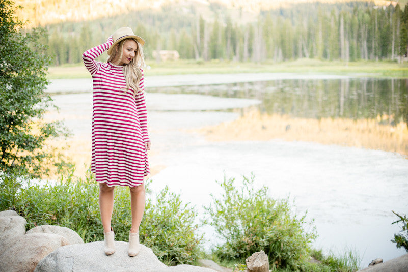 Stripe T-shirt Dress - Burgundy