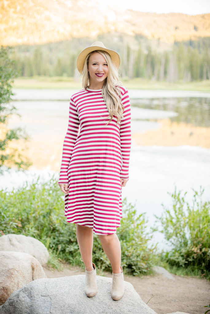 Stripe T-shirt Dress - Burgundy