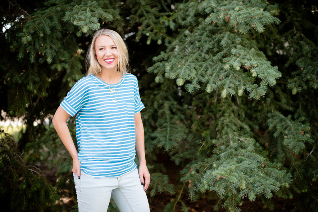 Basic Striped Pocket Tee - Aqua