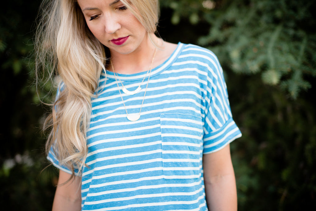 Basic Striped Pocket Tee - Aqua