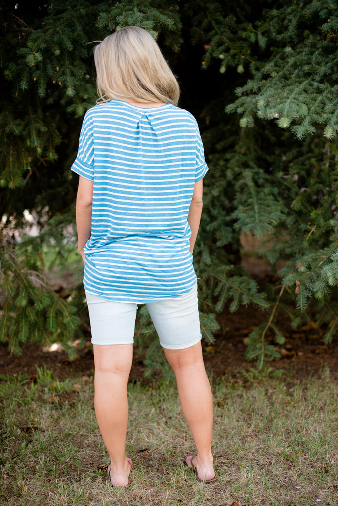 Basic Striped Pocket Tee - Aqua