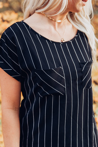 Pin Stripe Pocket Blouse - Black