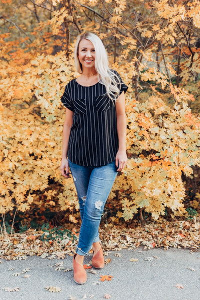 Pin Stripe Pocket Blouse - Black