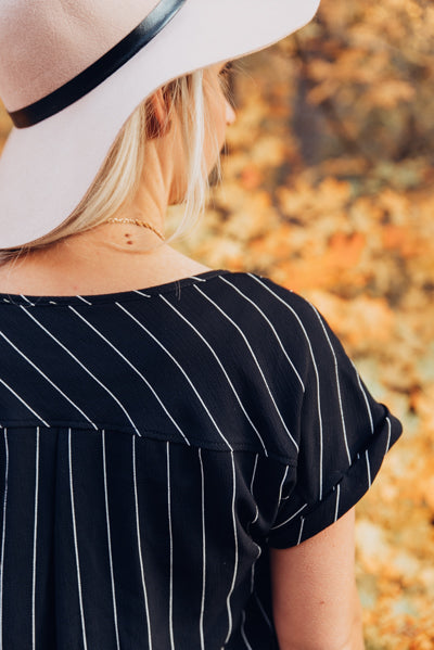 Pin Stripe Pocket Blouse - Black