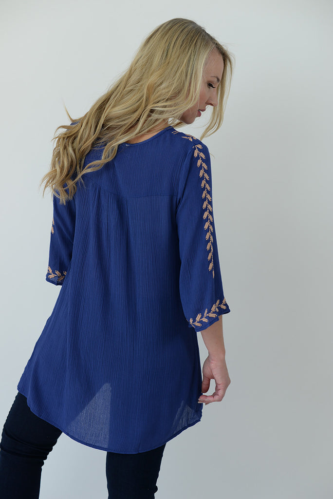 Embroidered Boho Blouse - Blue