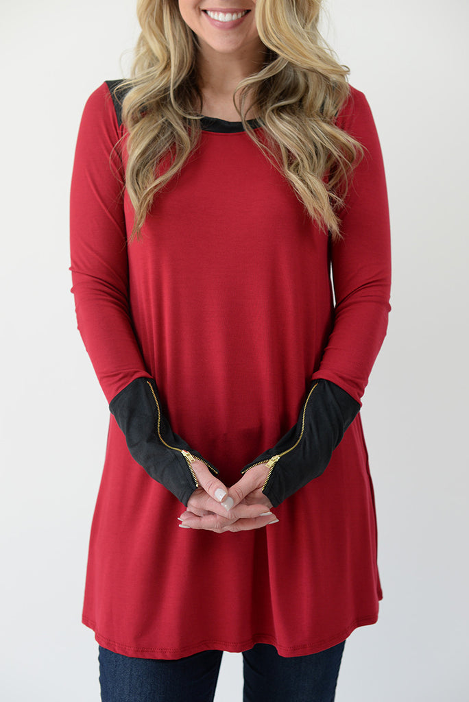 Colorblock Zipper Tunic - Cherry