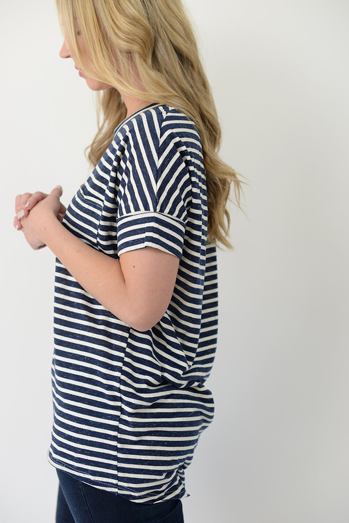 Basic Striped Pocket Tee - Navy