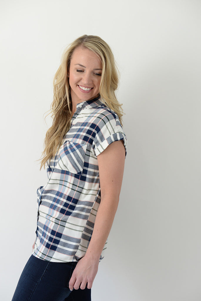 Plaid Cuffed Sleeve Blouse
