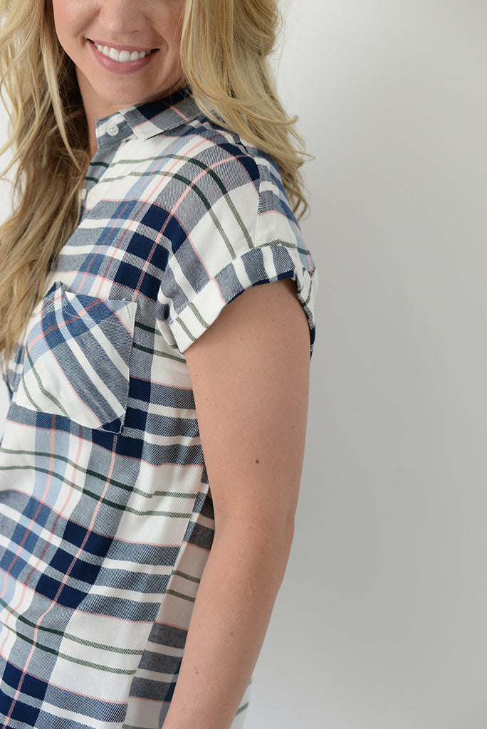 Plaid Cuffed Sleeve Blouse