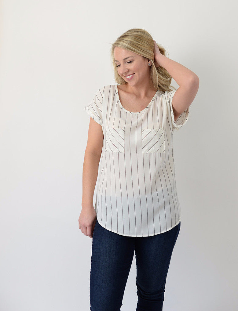 Pin Stripe Pocket Blouse - White