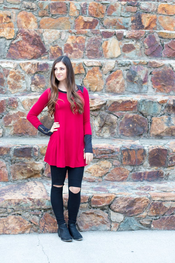 Colorblock Zipper Tunic - Cherry