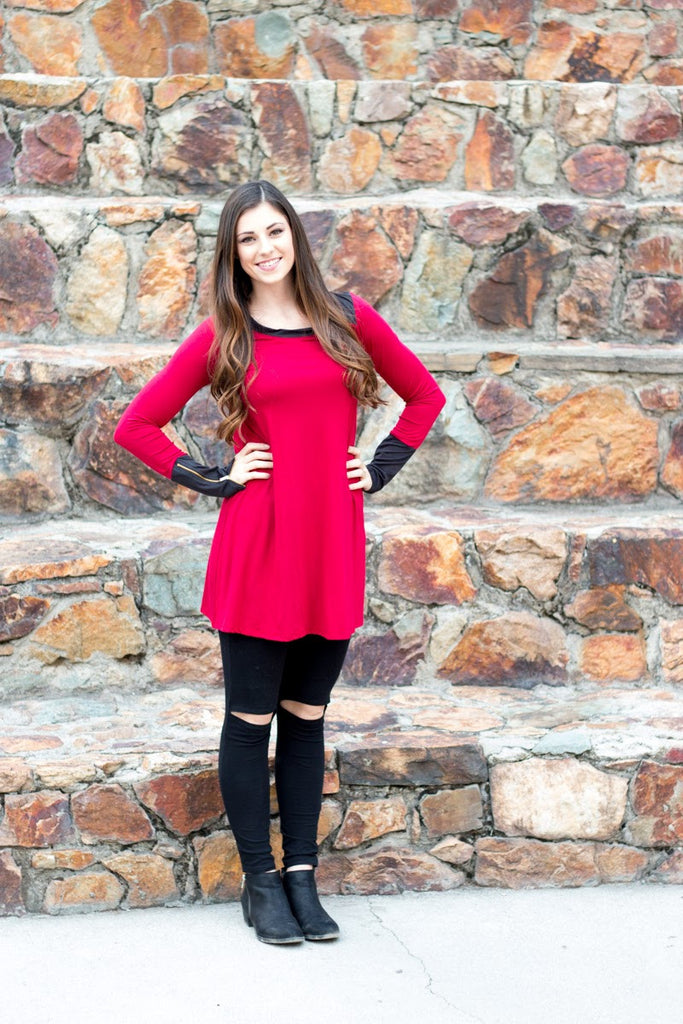 Colorblock Zipper Tunic - Cherry