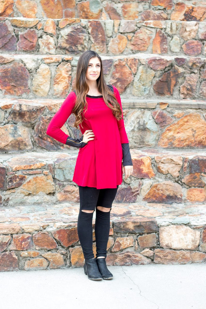 Colorblock Zipper Tunic - Cherry