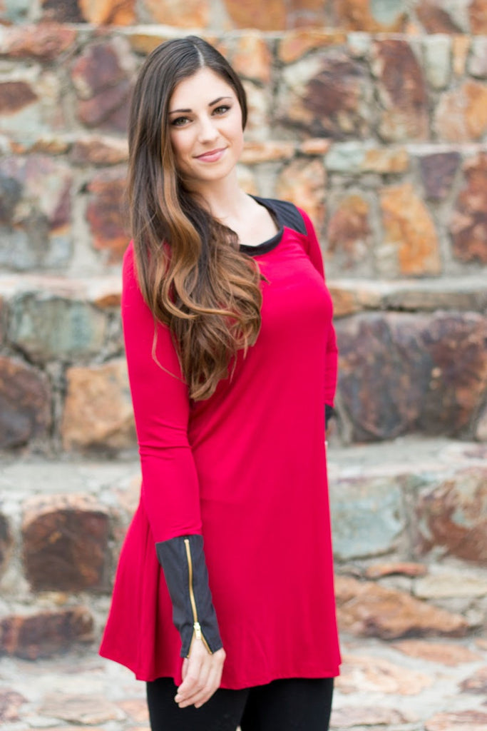 Colorblock Zipper Tunic - Cherry
