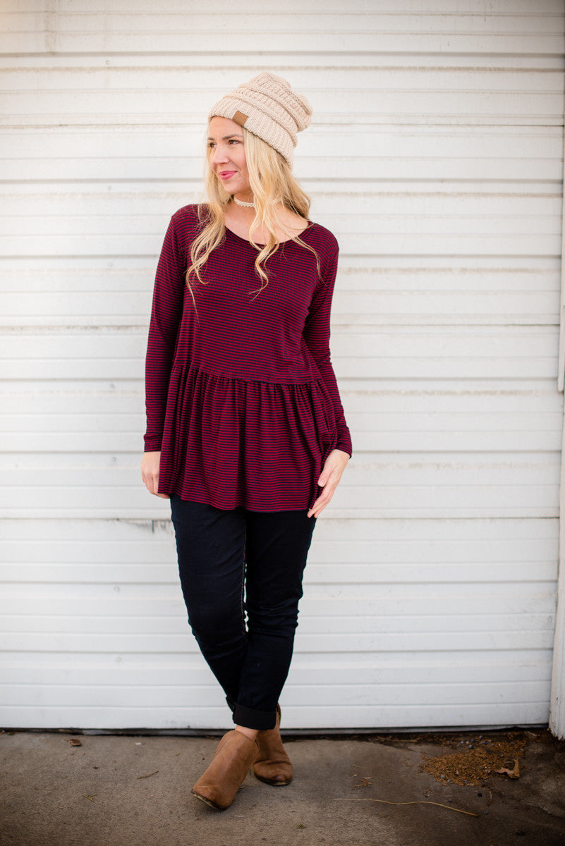 Wine One Shoulder Peplum Relaxed Sweatshirt Top
